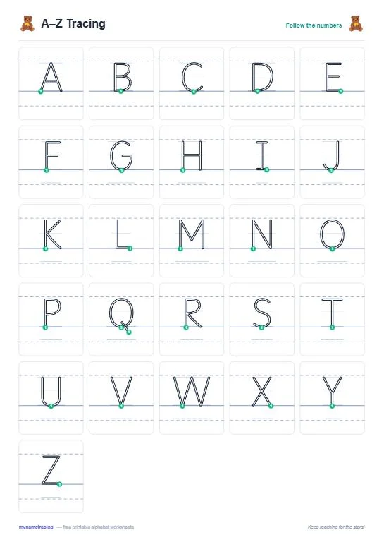 A–Z tracing grid worksheet with numbered stroke dots and teddy bear stickers