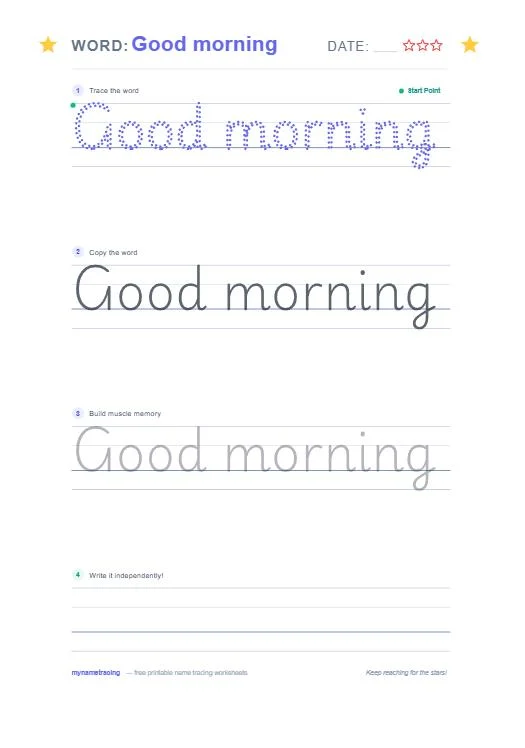 Cursive worksheet tracing the words Good morning across four practice steps