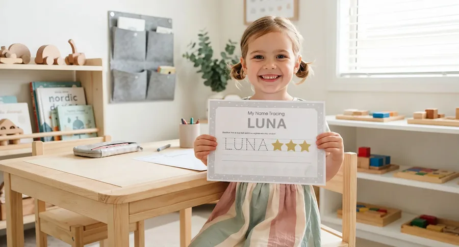 Child proudly holding a finished LUNA tracing worksheet
