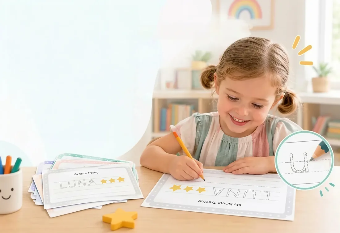 Young child smiling while tracing LUNA on a guided worksheet