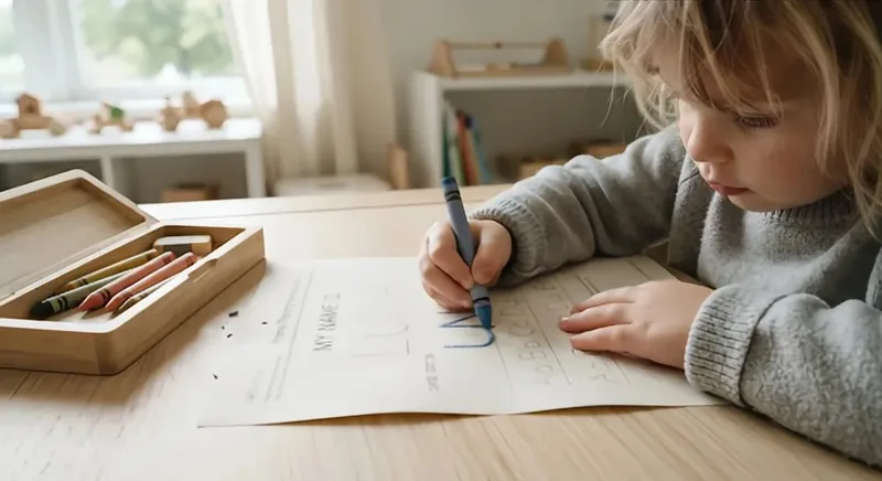 Toddler tracing letters with a blue crayon
