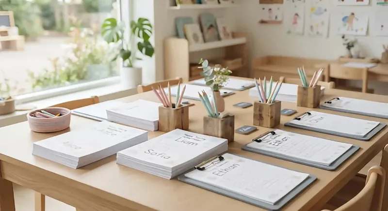 Classroom table with printed name tracing packets