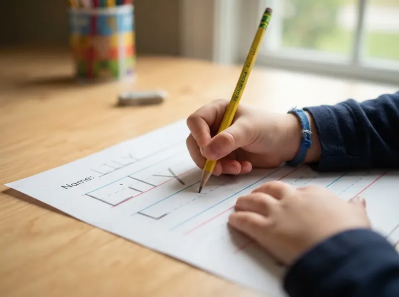 Child writing the name Lily on a tracing worksheet