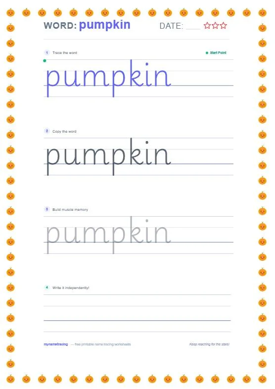 Halloween pack worksheet tracing the word pumpkin with a pumpkin sticker border